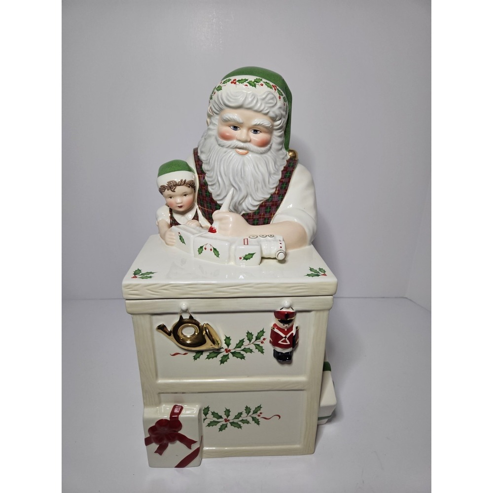 Lenox Santa Workbench Cookie Jar Ceramic Christmas Toy Shop Elf Figurine Gold